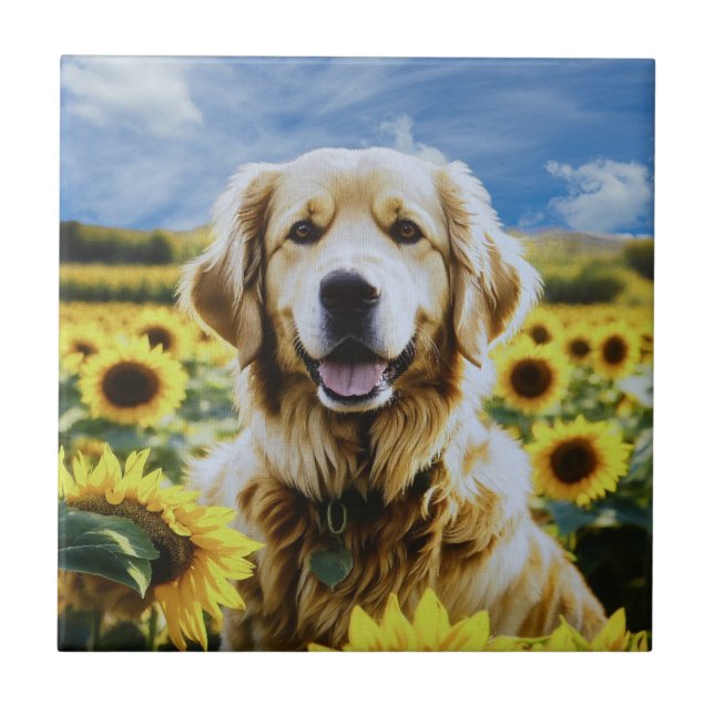 Golden Retriever i en solros Fält Kakelplatta (Framsidan)