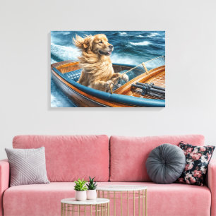 Golden Retriever i en Vintage av motorbåt av trä Canvastryck