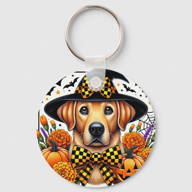 Golden Retriever i häxhatt bland pumpor Nyckelring (Framsida)