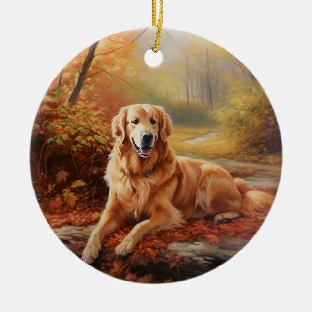 Golden Retriever i Höst löv Fall Inspire Julgransprydnad Keramik (Framsidan)