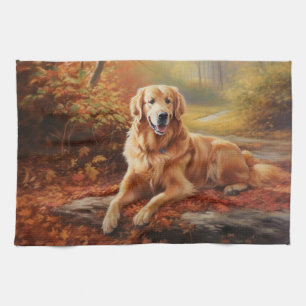 Golden Retriever i höstlöv Fall Inspire Kökshandduk