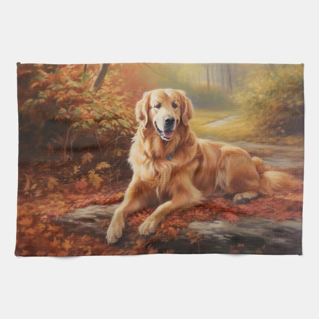 Golden Retriever i höstlöv Fall Inspire Kökshandduk (Horisontell)