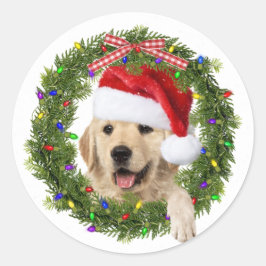 Golden Retriever i krans med julhatt Runt Klistermärke