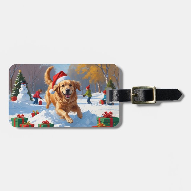 Golden Retriever i snö med julhatt Bagagebricka (Horisontell Framsida)