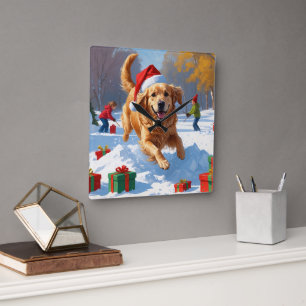 Golden Retriever i snö med julhatt Fyrkantig Klocka
