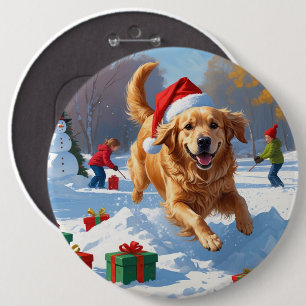 Golden Retriever i snö med julhatt Knapp