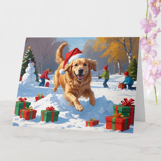 Golden Retriever i snö med julhatt Kort (Orkide)