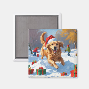 Golden Retriever i snö med julhatt Magnet