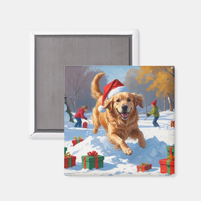 Golden Retriever i Snö med julhatt Magnet (Front/Back)