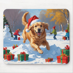 Golden Retriever i snö med julhatt Musmatta