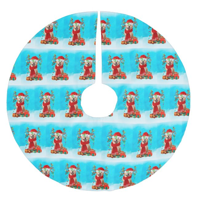 Golden Retriever i snö med julklappar Julgransmatta Borstad Polyester (Framsidan)