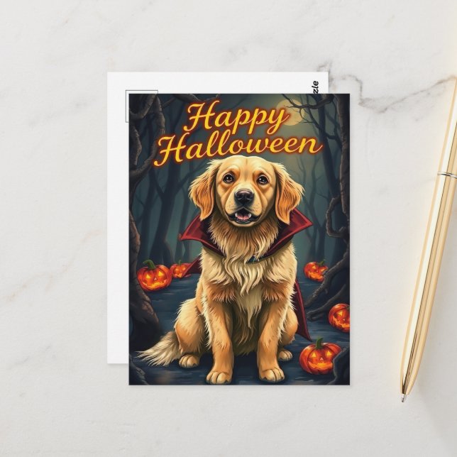 Golden Retriever i Witch Hat Halloween Cute Hund Vykort (Fram/Back In Situ)