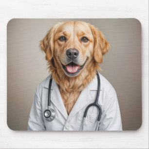 Golden Retriever iförd vit laboratoriekappa Musmatta