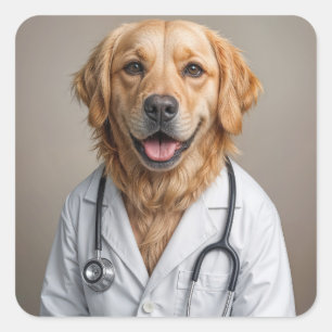 Golden Retriever iförd vit läkarrock Fyrkantigt Klistermärke