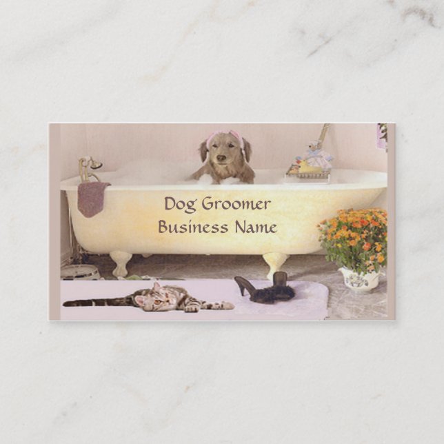 Golden Retriever in Bath Cat Tub Groomer Business Visitkort (Framsida)