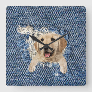 Golden Retriever in Blue Jean Hål Fyrkantig Klocka