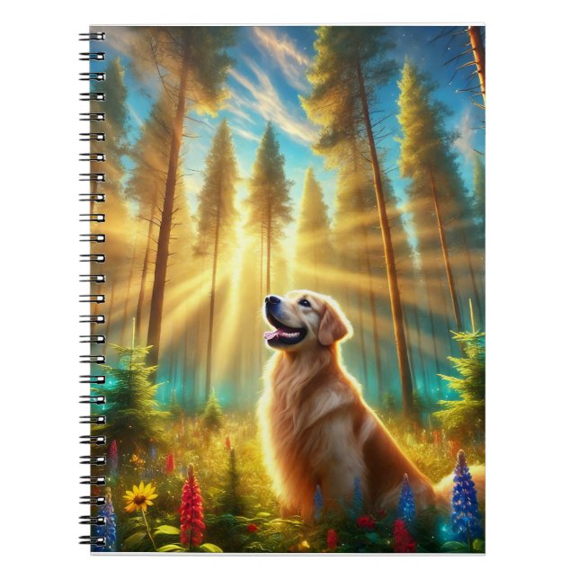 Golden Retriever in Enchanted Forest Anteckningsbok (Framsidan)