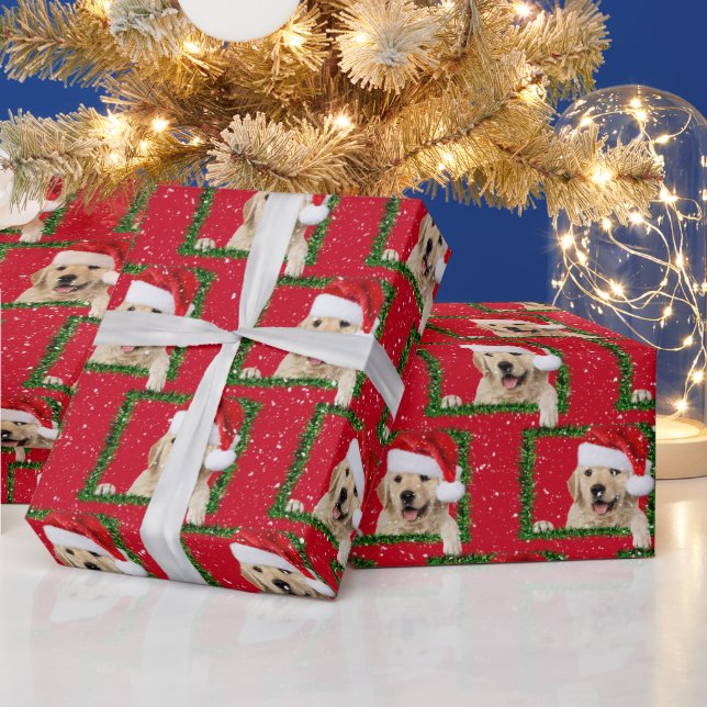 Golden Retriever in Grönt Tinsel Wrapping Papper Presentpapper (Helgdagar)