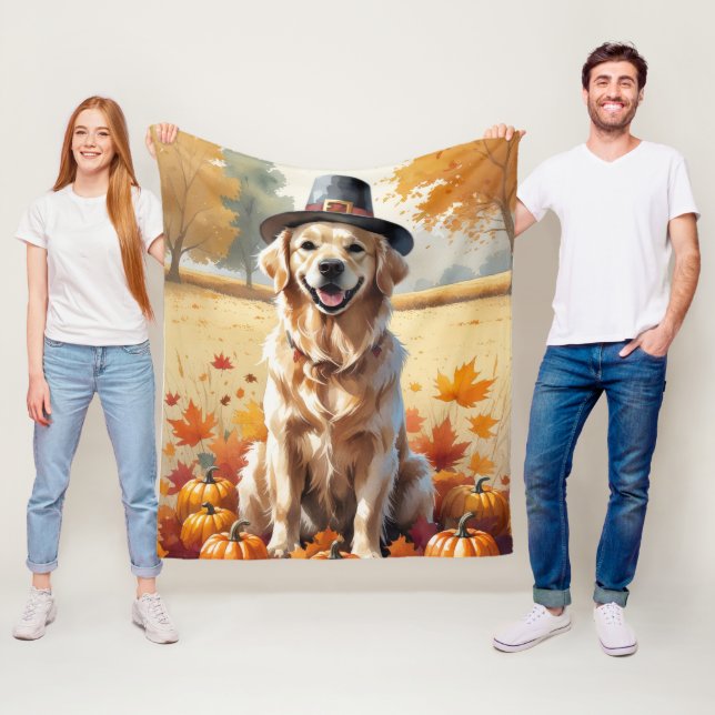 Golden Retriever in Höst löv Thanksgiving Art Fleecefilt (På plats)