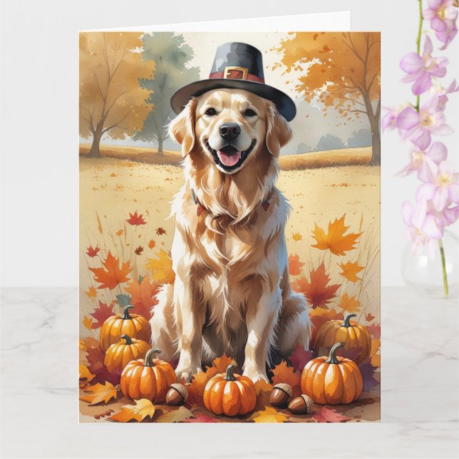 Golden Retriever in Höst löv Thanksgiving Art Kort (Orkide)