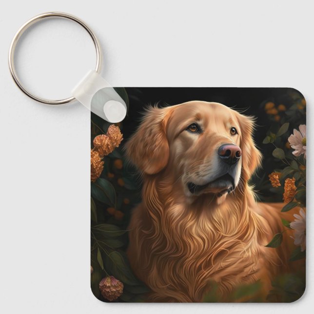 Golden Retriever in the Garden - Keychain Nyckelring (Framsida)