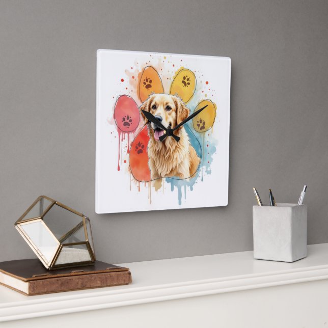Golden Retriever in Watercolor Paw Print Fyrkantig Klocka (Kontor)
