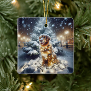 Golden Retriever intrasslad i julbelysning Julgransprydnad Keramik