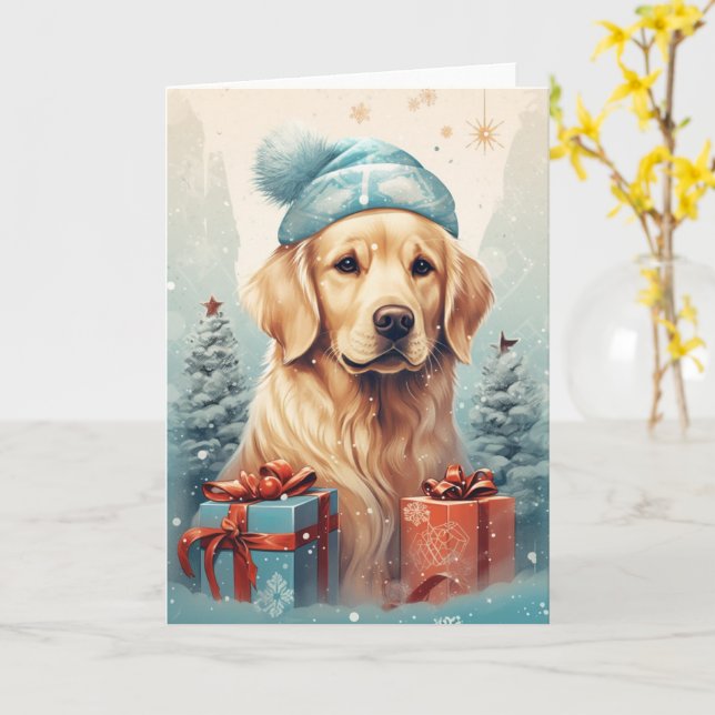 Golden Retriever Jul – Tomtehatt och Snö Kort (Gul blomma)