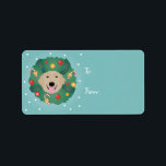 Golden Retriever-julet Adressetikett<br><div class="desc">Illustration av en hund för guldutvinning i en dekorerad julkrans.</div>