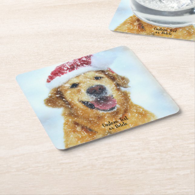 Golden Retriever, jultomtehatt Anpassningsbar Text Underlägg Papper Kvadrat (Vinklad)