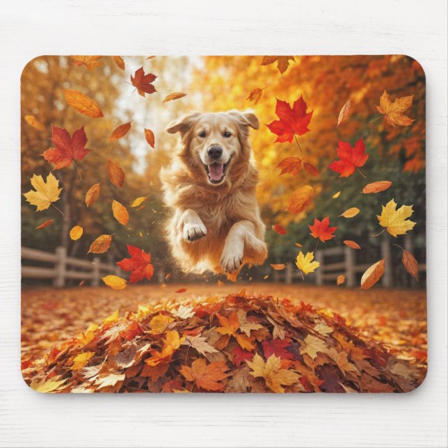 Golden Retriever Jumping in Autumn Löv Pile Musmatta (Framsidan)