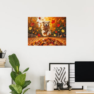 Golden Retriever Jumping in Löv Pile Poster