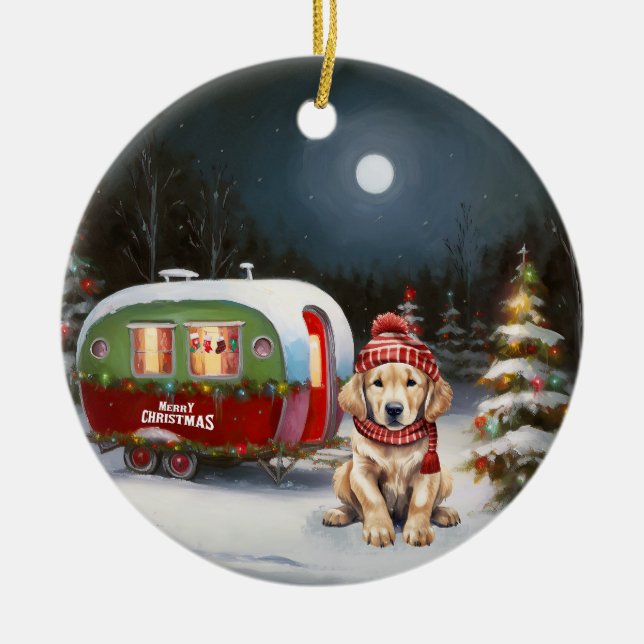 Golden Retriever Karavan Juläventyr Julgransprydnad Keramik (Framsidan)