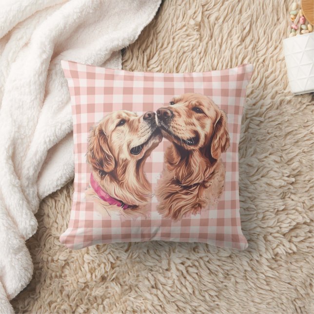 Golden Retriever Kärlek Gingham Mönster Kudde (Filt)