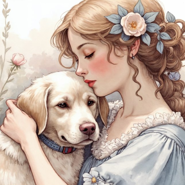 Golden Retriever Kuddvar Kudde (A gentle close-up of a young woman embracing a golden retriever.)