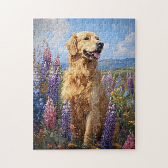 Golden Retriever Lupine Flowers Pussel (Vertikal)
