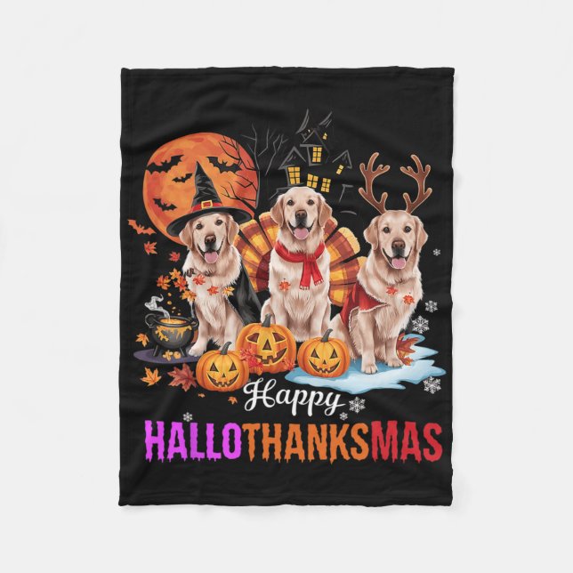 Golden Retriever Lycklig Hallothanksmas Halloween  Fleecefilt (Framsidan)