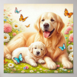 Golden Retriever mamma och hennes valp Poster