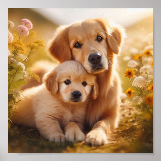 Golden Retriever mamma och hennes valp Poster (Framsidan)