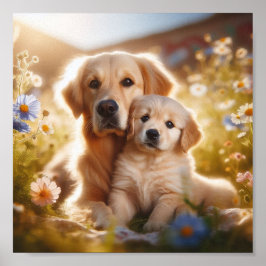 Golden Retriever mamma och hennes valp Poster