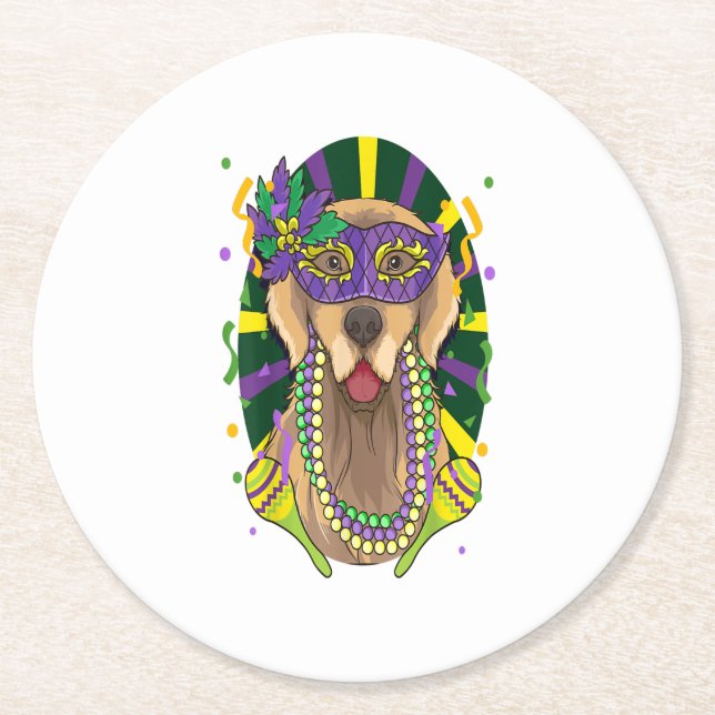 Golden Retriever Mardi Gras Hund Underlägg Papper Rund (Framsidan)