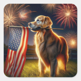 Golden Retriever med amerikansk Flagga Fyrkantigt Klistermärke