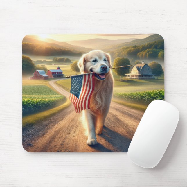 Golden Retriever med amerikansk Flagga Musmatta (Med mus)