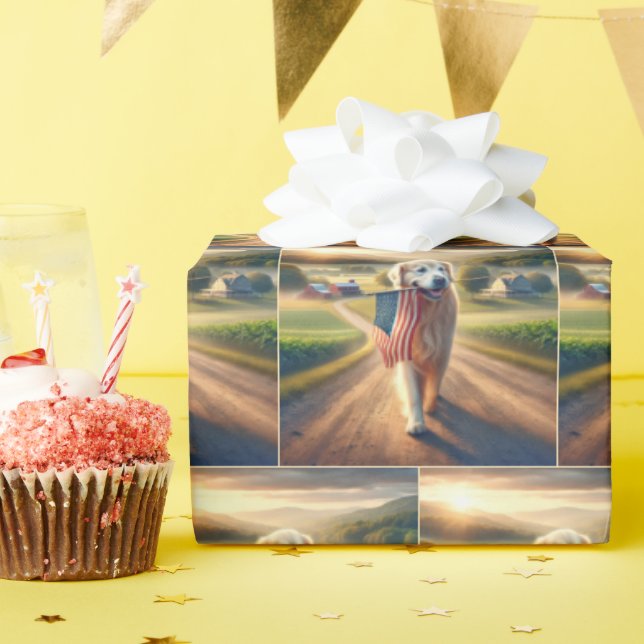 Golden Retriever med amerikansk Flagga Presentpapper (Födelsedagsfest)