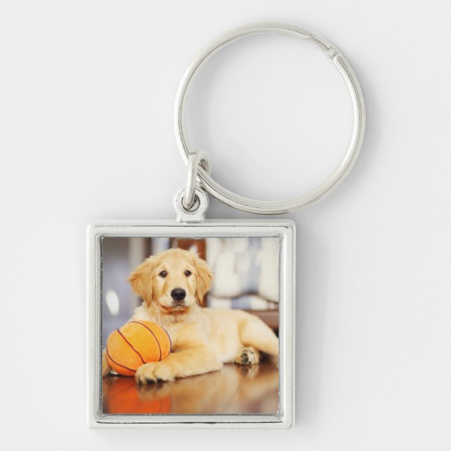 Golden Retriever med basket Leksak Fyrkantig Silverfärgad Nyckelring (Framsidan)