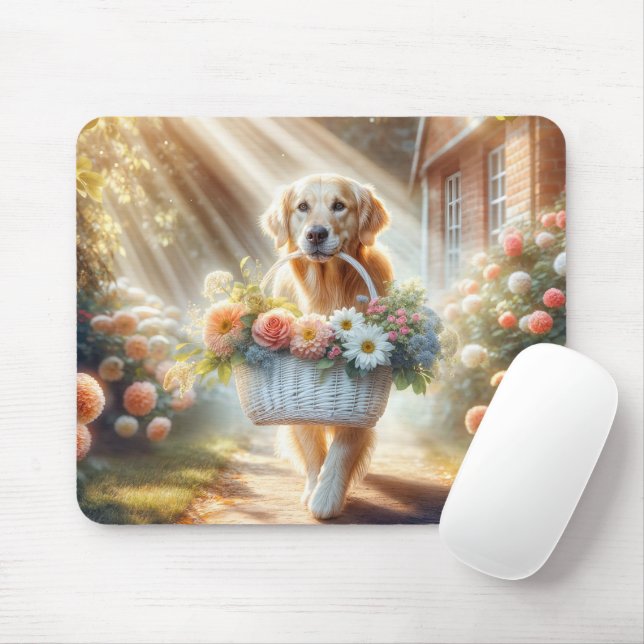 Golden Retriever med blomma Basket Musmatta (Med mus)