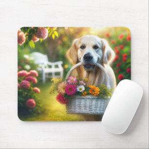 Golden Retriever med blomma Basket Musmatta