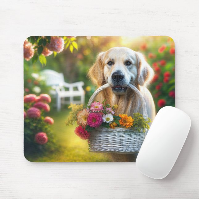 Golden Retriever med blomma Basket Musmatta (Med mus)
