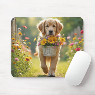 Golden Retriever med blomma Basket Musmatta