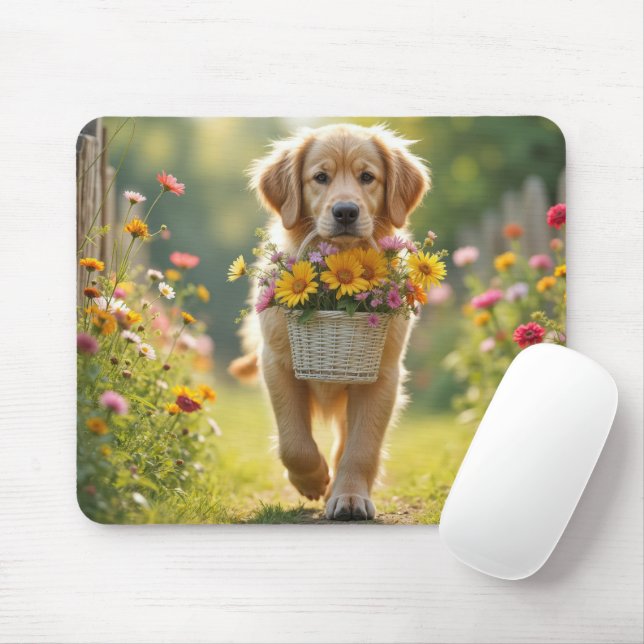 Golden Retriever med blomma Basket Musmatta (Med mus)